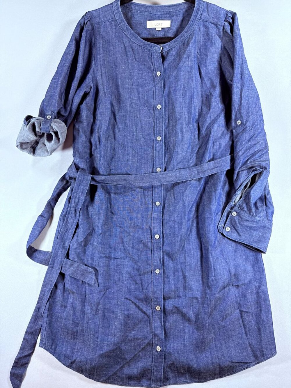 NWT LOFT Chambray Shirt Dress Medium Blue Linen Blend Belted